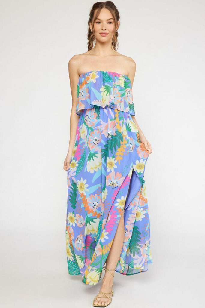 Tropical print strapless maxi dress